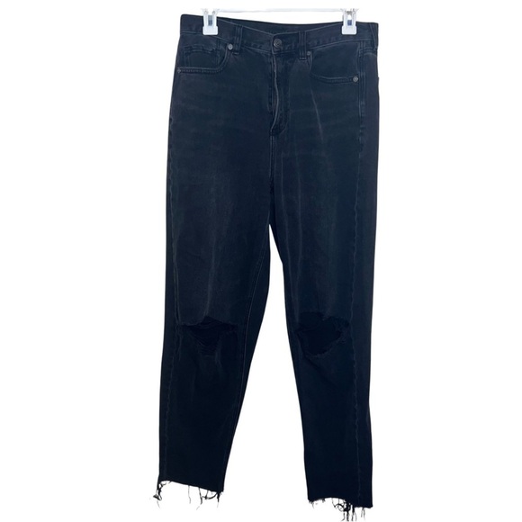 American Eagle Black Stretch Distressed Raw Hem Mid Rise Jeans Size 8 Long - Picture 1 of 10